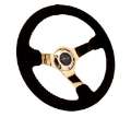 Picture of NRG Reinforced Steering Wheel 350mm - 3in- Deep Blk Suede w-Red BBall Stitch & Chrome Gold 3-Spoke