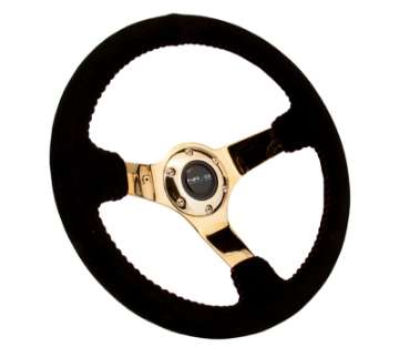 Picture of NRG Reinforced Steering Wheel 350mm - 3in- Deep Blk Suede w-Red BBall Stitch & Chrome Gold 3-Spoke