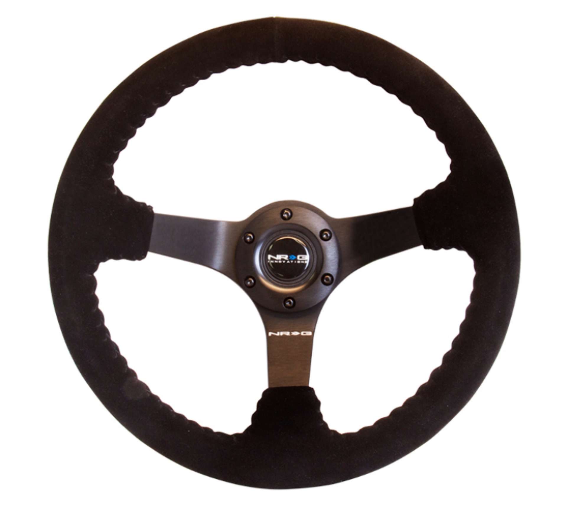 Picture of NRG Reinforced Steering Wheel 350mm - 3in- Deep Blk Suede w-Blk BBall Stitch Odi Bakchis Edition