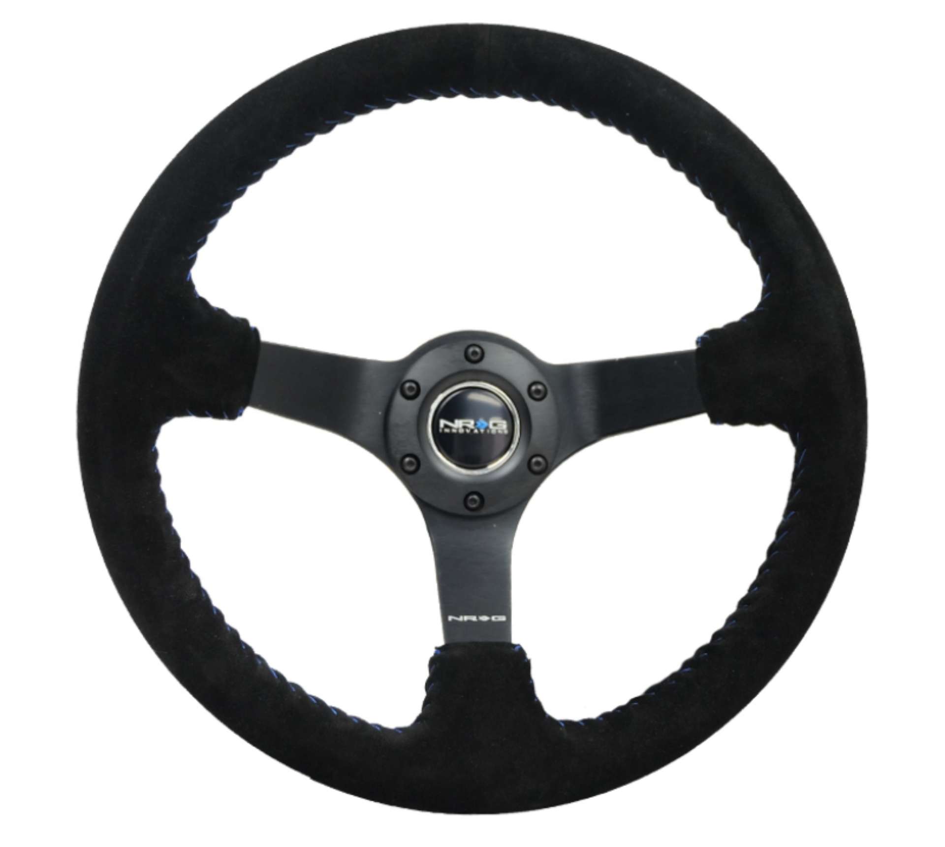 Picture of NRG Reinforced Steering Wheel 350mm - 3in- Deep Blk Suede-Blue BBall Stitch w-5mm Matte Blk Spokes