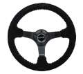 Picture of NRG Reinforced Steering Wheel 350mm - 3in- Deep Blk Suede-Silver BBall Stitch w-5mm Mt- Blk Spokes