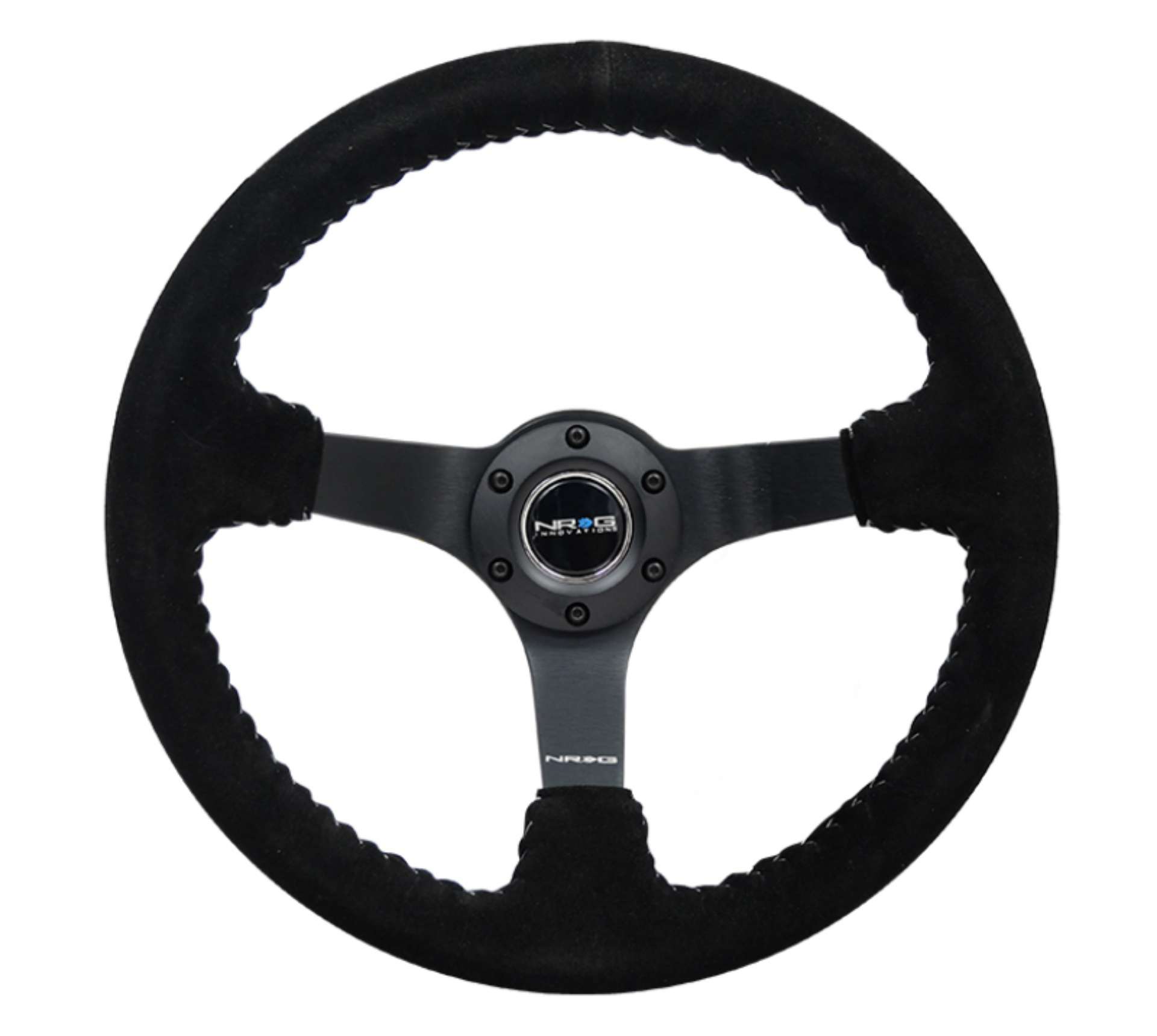 Picture of NRG Reinforced Steering Wheel 350mm - 3in- Deep Blk Suede-Silver BBall Stitch w-5mm Mt- Blk Spokes