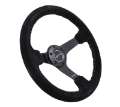 Picture of NRG Reinforced Steering Wheel 350mm - 3in- Deep Blk Suede-Silver BBall Stitch w-5mm Mt- Blk Spokes