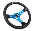 Picture of NRG Reinforced Steering Wheel 350mm - 3in- Deep Blk Leather w-Blue Cutout Spoke & Single Yellow CM