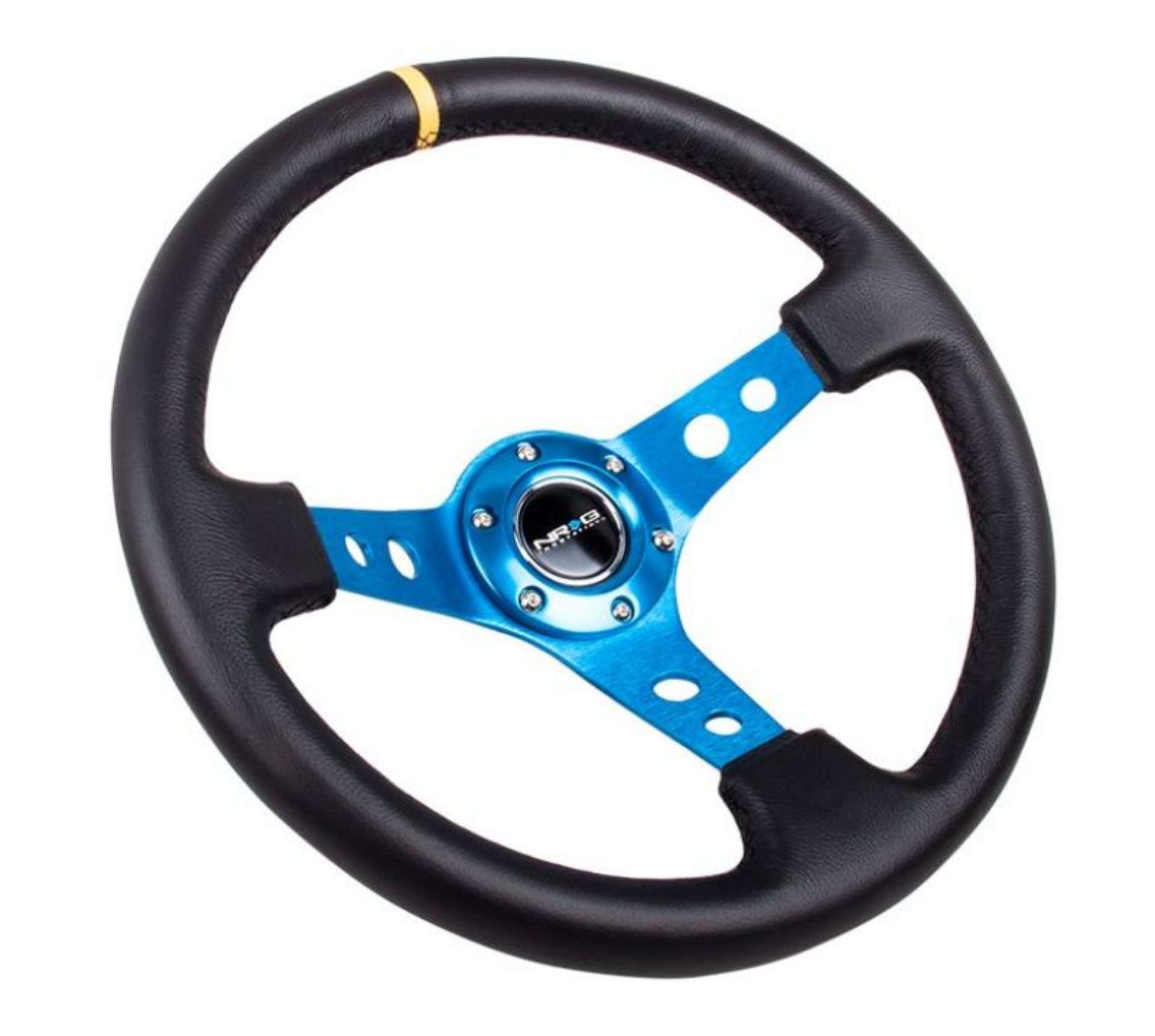 Picture of NRG Reinforced Steering Wheel 350mm - 3in- Deep Blk Leather w-Blue Cutout Spoke & Single Yellow CM