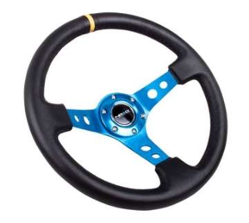 Picture of NRG Reinforced Steering Wheel 350mm - 3in- Deep Blk Leather w-Blue Cutout Spoke & Single Yellow CM