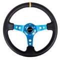 Picture of NRG Reinforced Steering Wheel 350mm - 3in- Deep Blk Leather w-Blue Cutout Spoke & Single Yellow CM