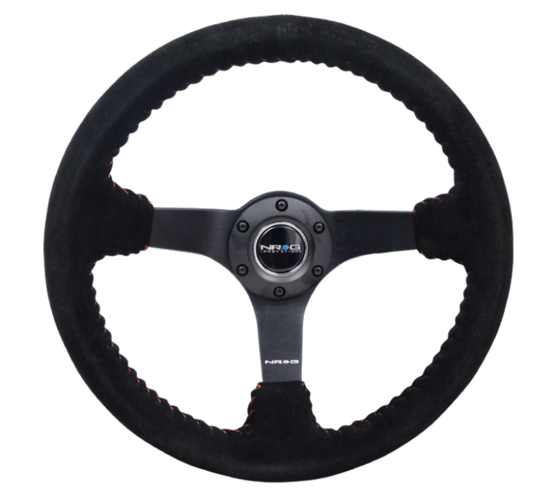 Picture of NRG Reinforced Steering Wheel 350mm - 3in- Deep Blk Suede-Red BBall Stitch w-5mm Matte Blk Spokes