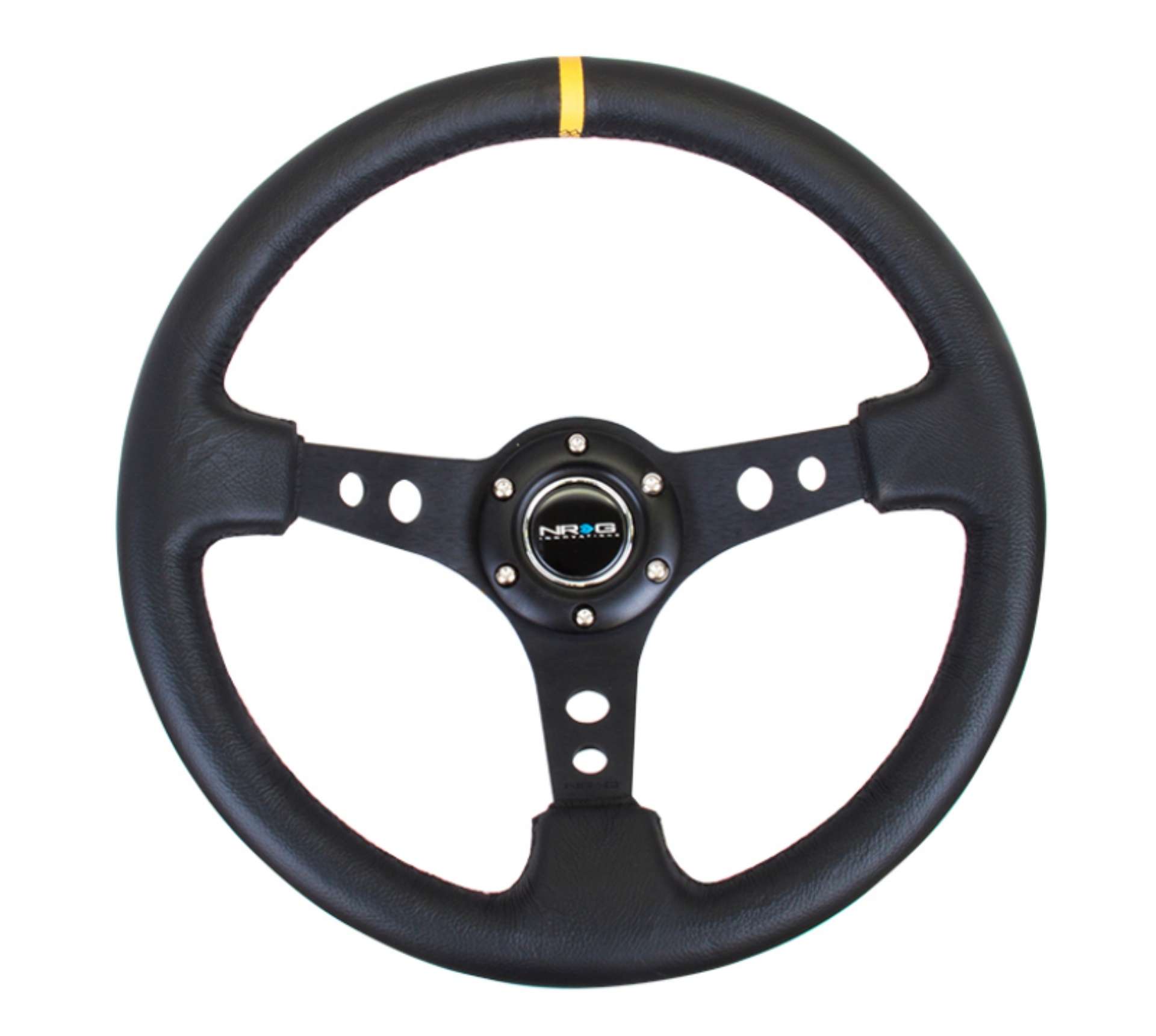 Picture of NRG Reinforced Steering Wheel 350mm - 3in- Deep Blk Leather w-Blk Cutout Spoke-Yellow Center Mark