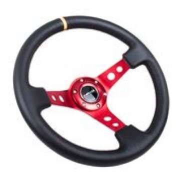 Picture of NRG Reinforced Steering Wheel 350mm - 3in- Deep Blk Leather w-Red Spokes & Sgl Yellow Center Mark