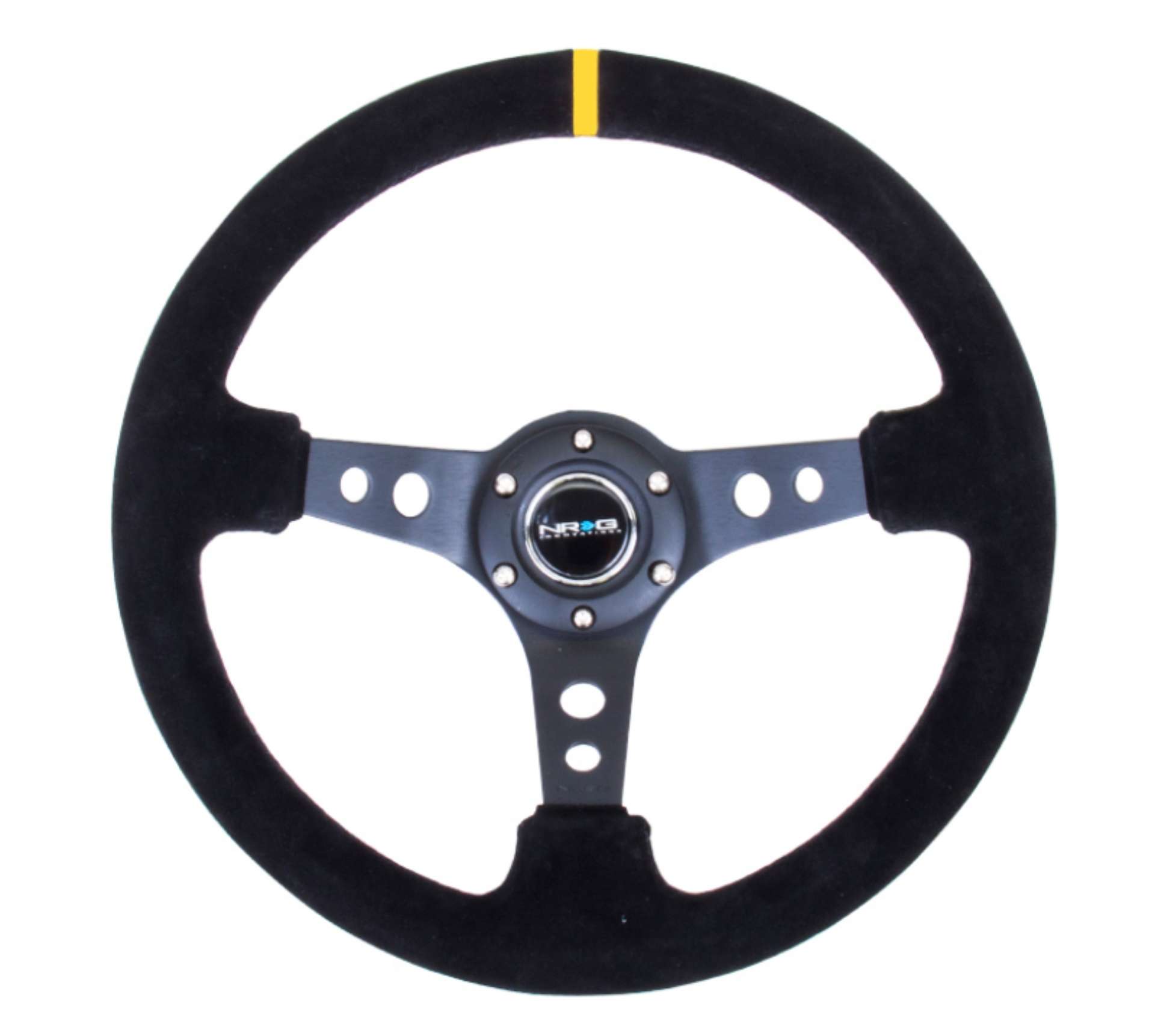 Picture of NRG Reinforced Steering Wheel 350mm - 3in- Deep Blk Suede w-Circle Cut Spokes & Single Yellow CM