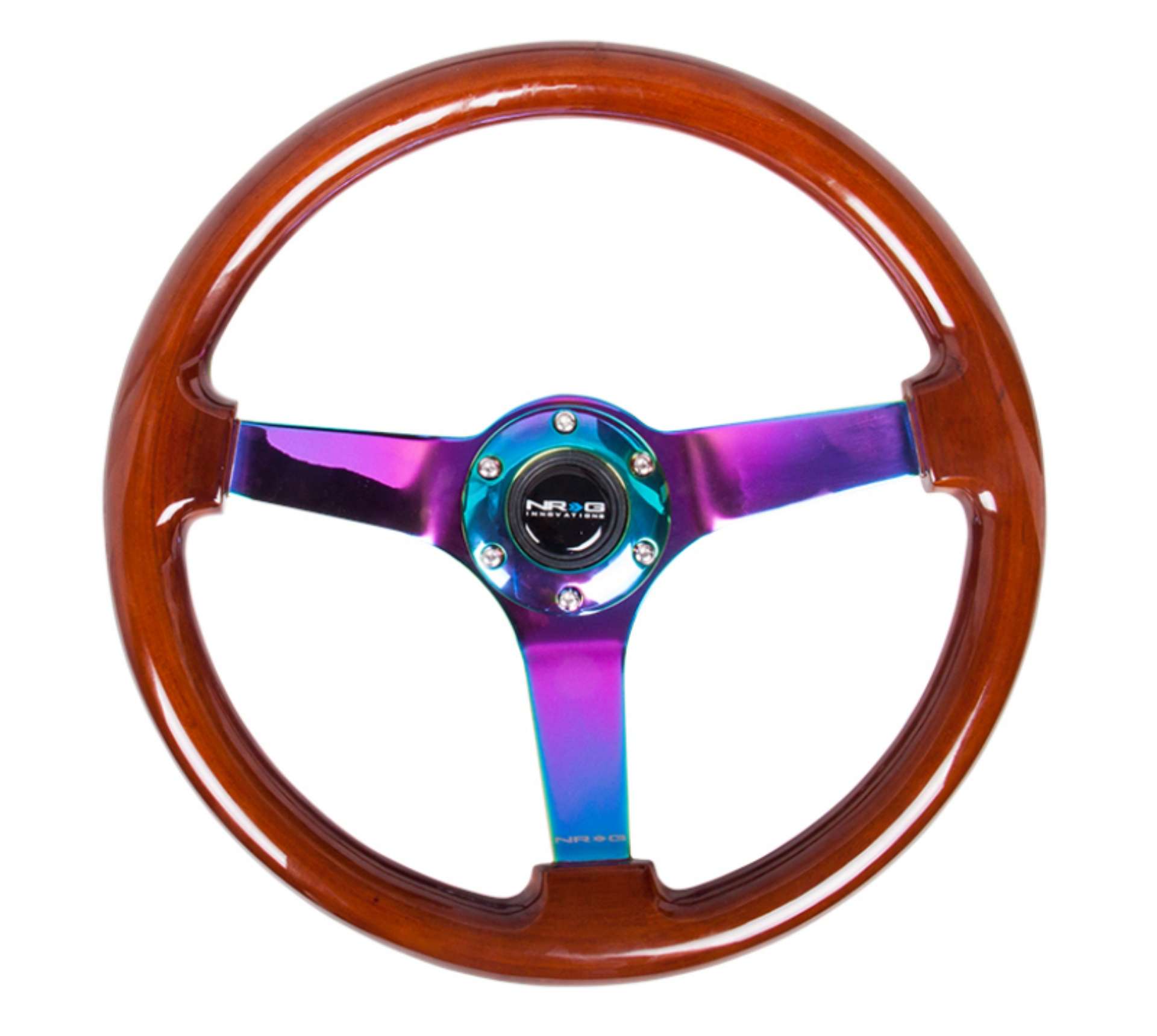 Picture of NRG Reinforced Steering Wheel 350mm - 3in- Deep Classic Dark Wood w-4mm Neochrome Solid 3-Spoke