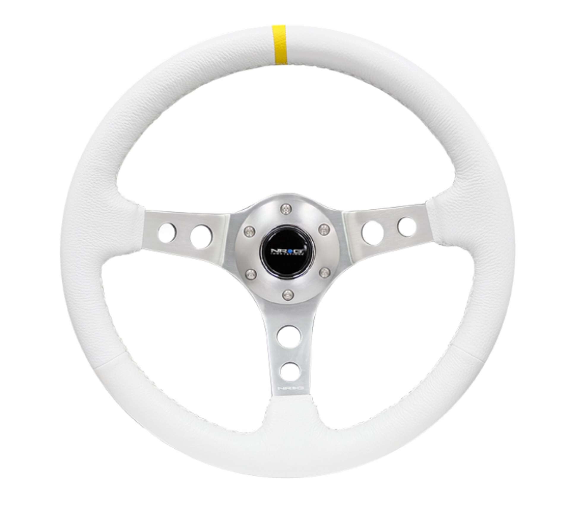 Picture of NRG Reinforced Steering Wheel 350mm - 3in- Deep Wht Leather w-Silver Spoke & Single Yellow Mark