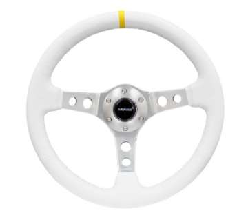 Picture of NRG Reinforced Steering Wheel 350mm - 3in- Deep Wht Leather w-Silver Spoke & Single Yellow Mark