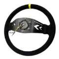 Picture of NRG Reinforced Steering Wheel 350mm - 3in- Deep Blk Suede w-NRG Arrow Cut 2-Spoke & Yellow Mark