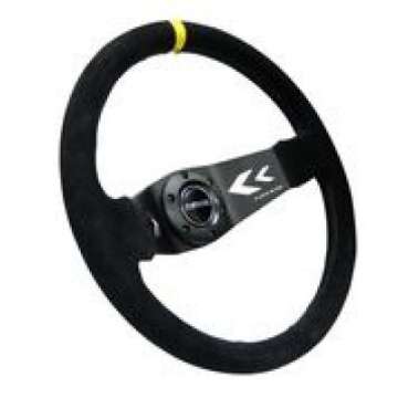 Picture of NRG Reinforced Steering Wheel 350mm - 3in- Deep Blk Suede w-NRG Arrow Cut 2-Spoke & Yellow Mark