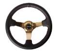 Picture of NRG Reinforced Steering Wheel 350mm - 3in- Deep Blk Leather-Red BBall Stitch w-4mm Gold Spokes