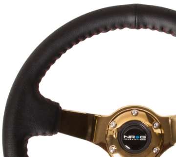 Picture of NRG Reinforced Steering Wheel 350mm - 3in- Deep Blk Leather-Red BBall Stitch w-4mm Gold Spokes