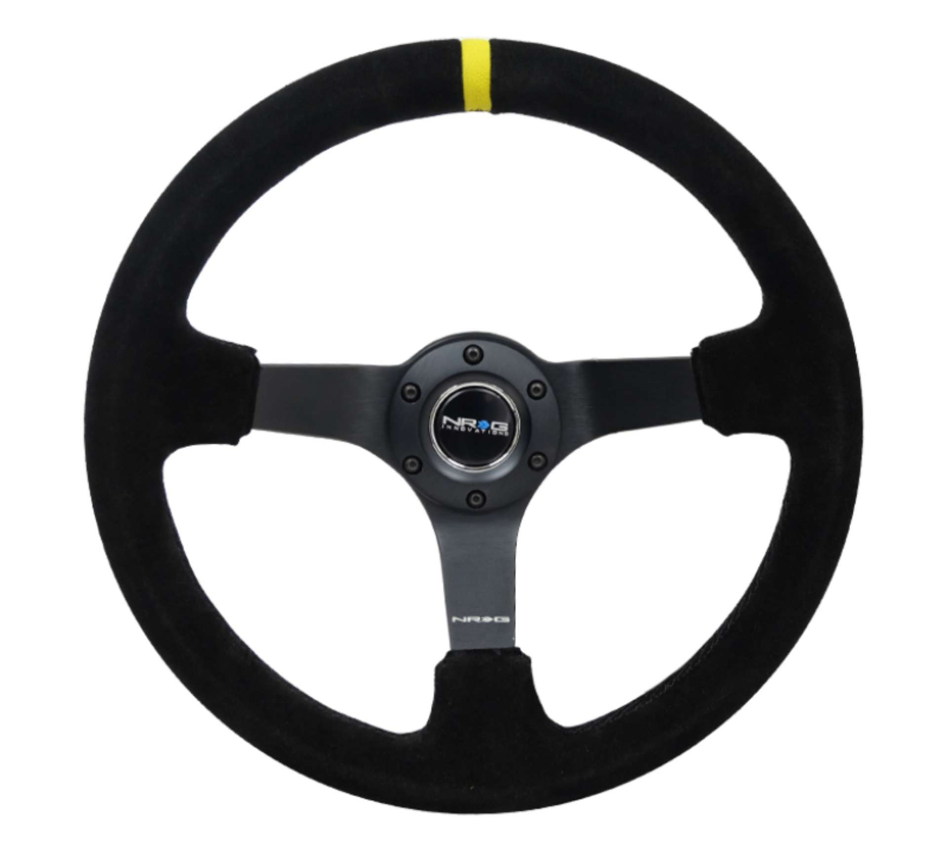 Picture of NRG Reinforced Steering Wheel 350mm - 3in- Deep Blk Suede-X-Stitch w-5mm Blk Spoke & Yellow CM