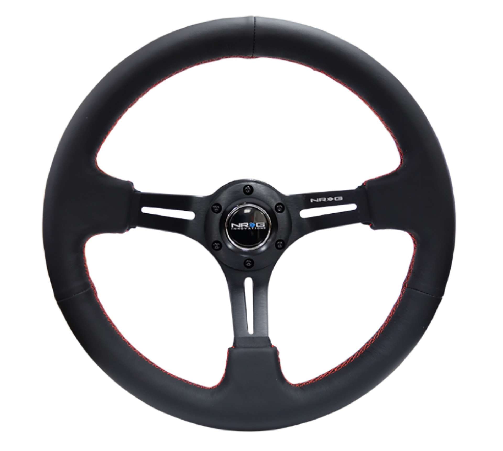 Picture of NRG Reinforced Steering Wheel 350mm - 3in- Deep Black Leather-Red Stitch & Blk 3-Spoke w-Slits