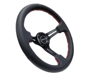 Picture of NRG Reinforced Steering Wheel 350mm - 3in- Deep Black Leather-Red Stitch & Blk 3-Spoke w-Slits