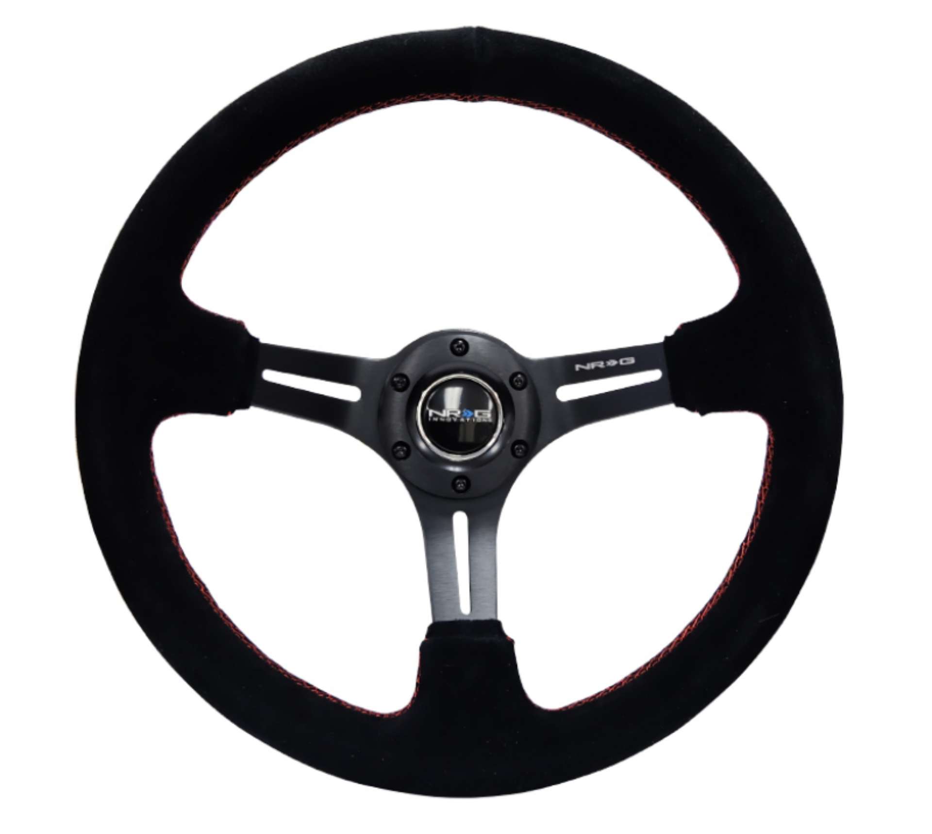 Picture of NRG Reinforced Steering Wheel 350mm - 3in- Deep Blk Suede w-Red Stitching & 5mm Spokes w-Slits