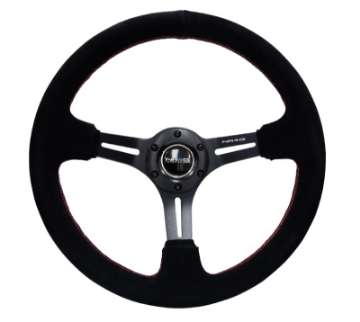 Picture of NRG Reinforced Steering Wheel 350mm - 3in- Deep Blk Suede w-Red Stitching & 5mm Spokes w-Slits