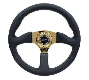 Picture of NRG Reinforced Steering Wheel 350mm - 2-5in- Deep Leather Race Comfort Grip w-4mm Gold Spokes