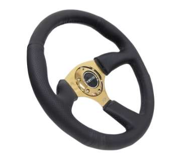 Picture of NRG Reinforced Steering Wheel 350mm - 2-5in- Deep Leather Race Comfort Grip w-4mm Gold Spokes