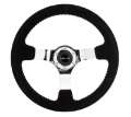 Picture of NRG Reinforced Steering Wheel 350mm - 3in- Deep Blk Suede w-Red BBall Stitch & Chrome 3-Spoke