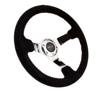 Picture of NRG Reinforced Steering Wheel 350mm - 3in- Deep Blk Suede w-Red BBall Stitch & Chrome 3-Spoke