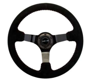 Picture of NRG Reinforced Steering Wheel 350mm - 3in- Deep Blk Suede w-Red BBall Stitch & Black 3-Spoke