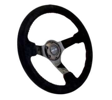 Picture of NRG Reinforced Steering Wheel 350mm - 3in- Deep Blk Suede w-Red BBall Stitch & Black 3-Spoke