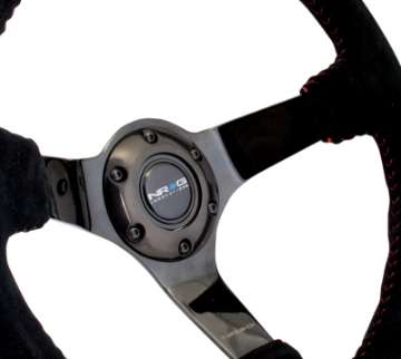 Picture of NRG Reinforced Steering Wheel 350mm - 3in- Deep Blk Suede w-Red BBall Stitch & Black 3-Spoke