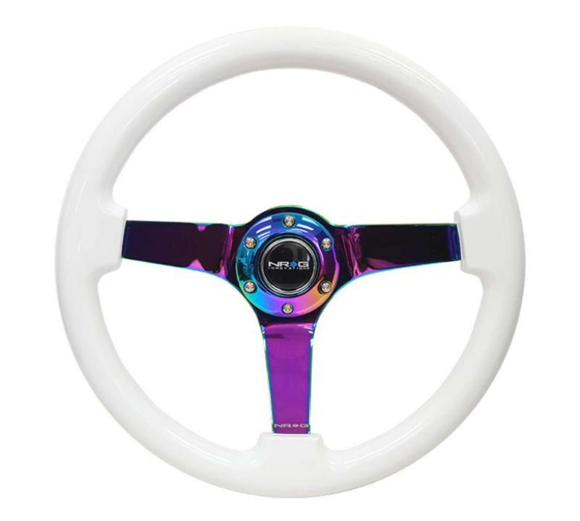 Picture of NRG Reinforced Steering Wheel 350mm - 3in- Deep Classic White w-4mm Neochrome Solid 3-Spoke