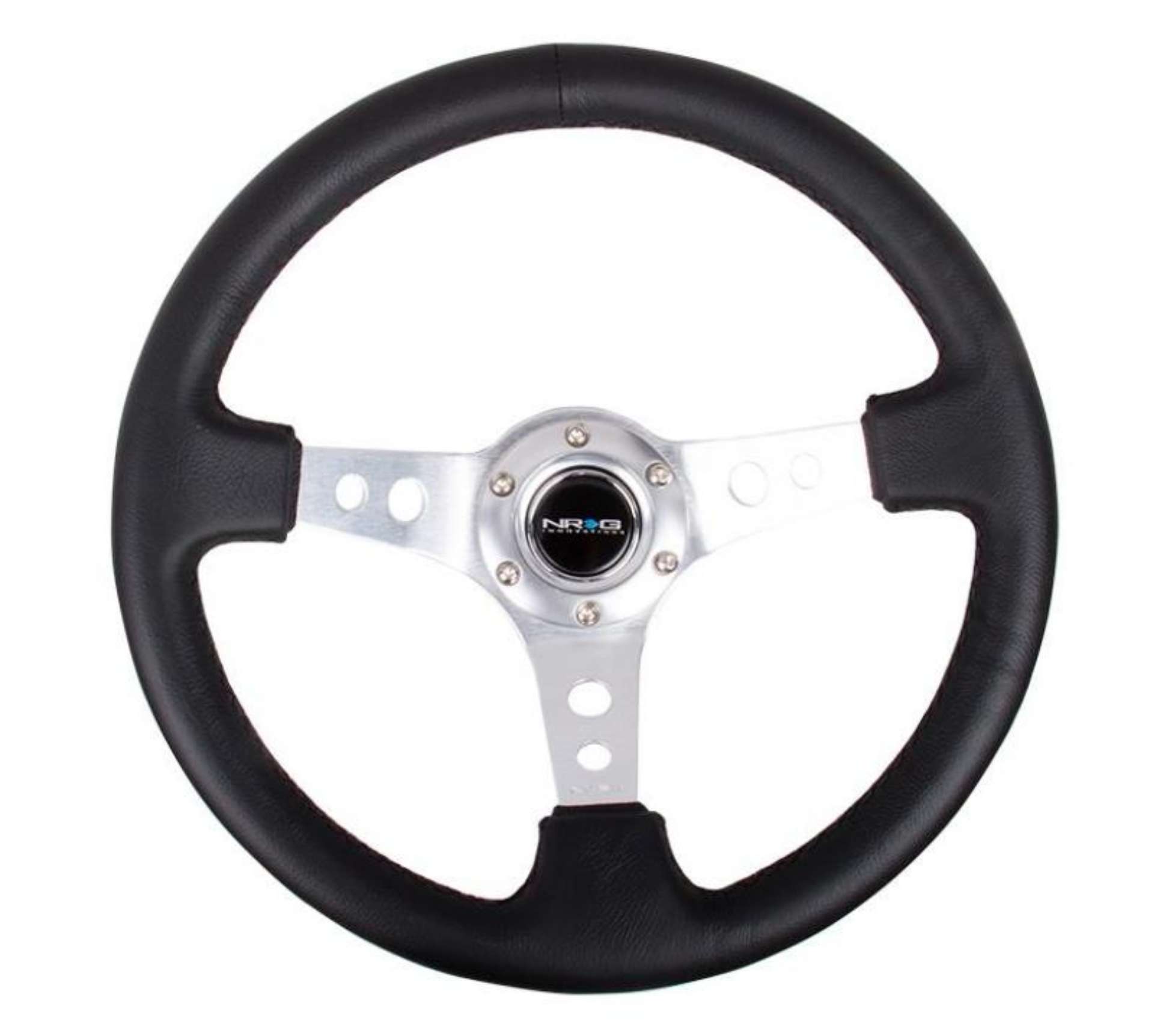 Picture of NRG Reinforced Steering Wheel 350mm - 3in- Deep Blk Leather w-Silver Spoke & Circle Cutouts