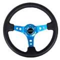 Picture of NRG Reinforced Steering Wheel 350mm - 3in- Deep Blk Leather w-Blue Circle Cutout Spokes