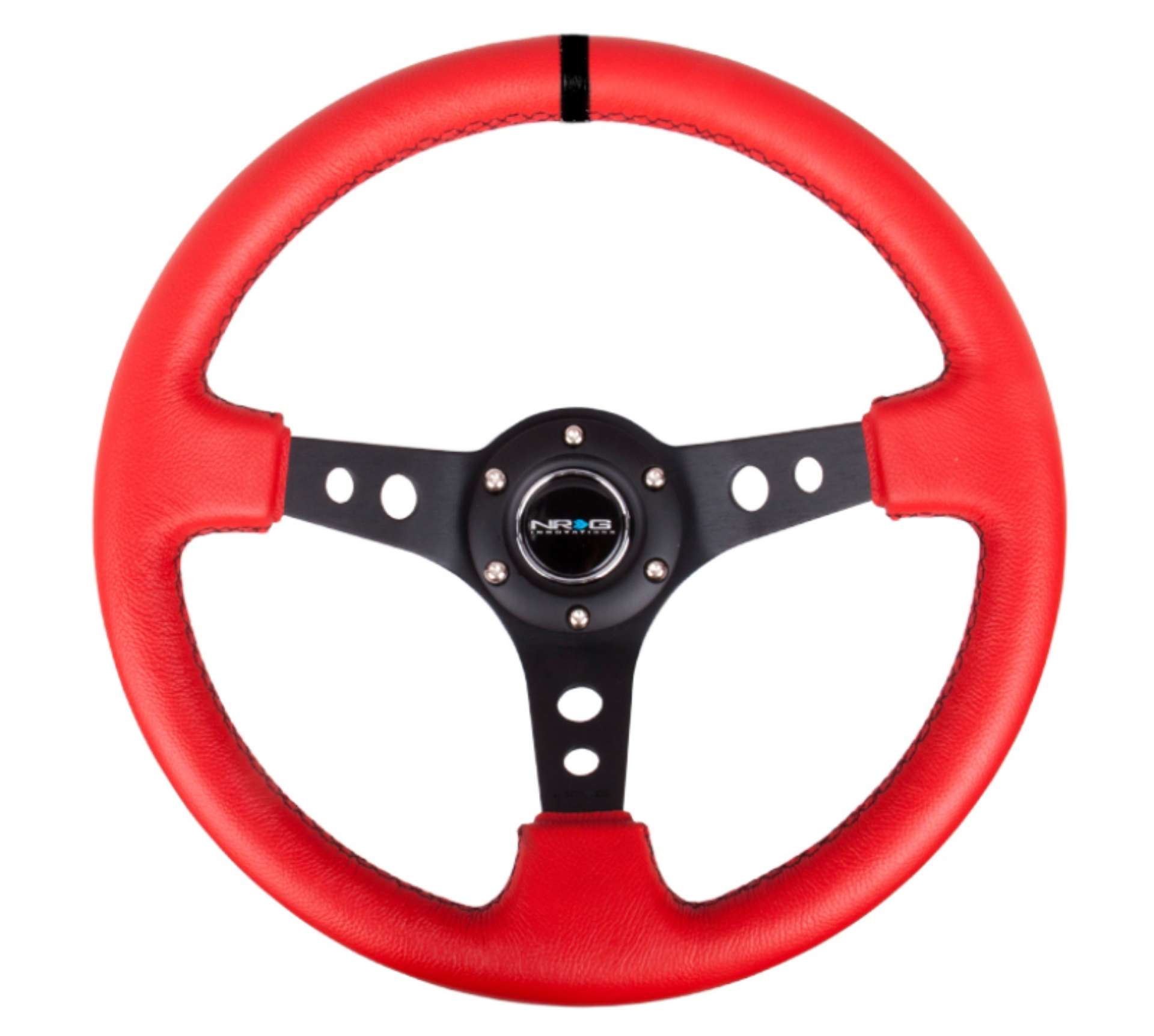 Picture of NRG Reinforced Steering Wheel 350mm - 3in- Deep Red Suede w-Blk Circle Cutout Spokes