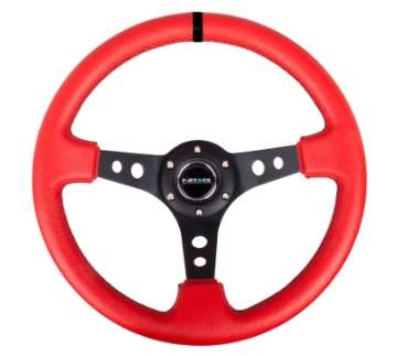 Picture of NRG Reinforced Steering Wheel 350mm - 3in- Deep Red Suede w-Blk Circle Cutout Spokes