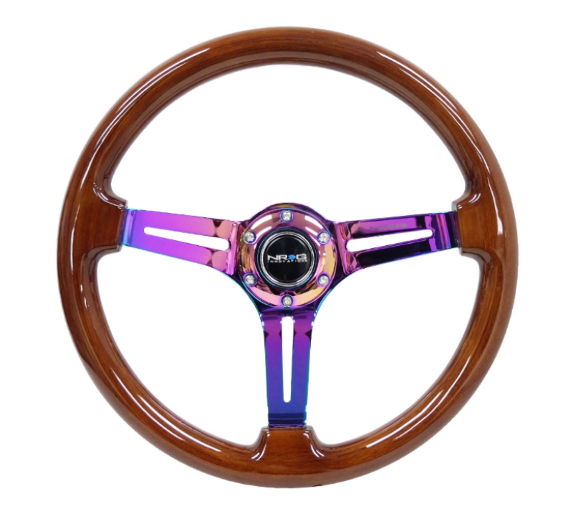 Picture of NRG Reinforced Steering Wheel 350mm - 3in- Deep Brown Wood w-Blk Matte Spoke-Neochrome Center Mark