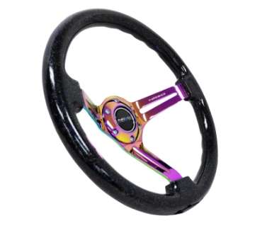 Picture of NRG Reinforced Steering Wheel 350mm - 3in- Deep Blk Multi Color Flake w- Neochrome Center Mark