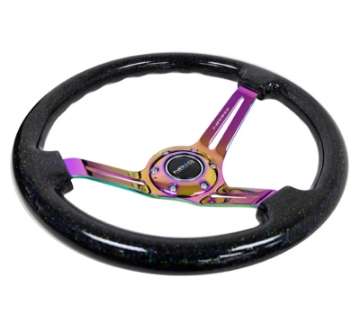 Picture of NRG Reinforced Steering Wheel 350mm - 3in- Deep Blk Multi Color Flake w- Neochrome Center Mark