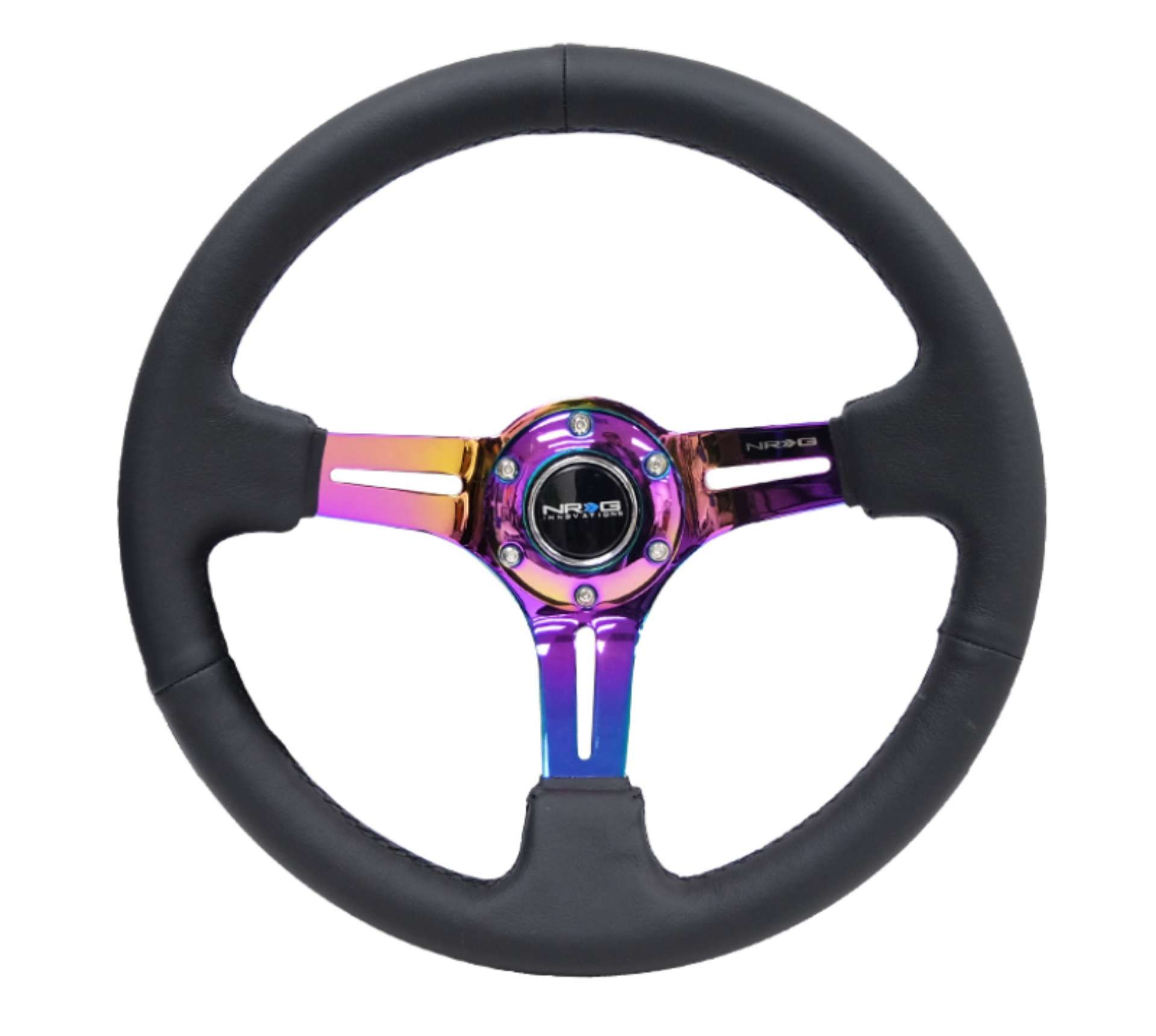 Picture of NRG Reinforced Steering Wheel 350mm - 3in- Deep Blk Leather-Blk Stitch w-Neochrome Slits