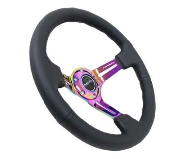 Picture of NRG Reinforced Steering Wheel 350mm - 3in- Deep Blk Leather-Blk Stitch w-Neochrome Slits