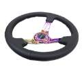 Picture of NRG Reinforced Steering Wheel 350mm - 3in- Deep Blk Leather-Blk Stitch w-Neochrome Slits