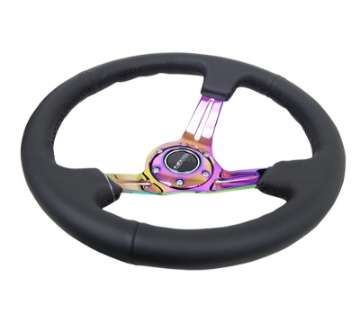 Picture of NRG Reinforced Steering Wheel 350mm - 3in- Deep Blk Leather-Blk Stitch w-Neochrome Slits