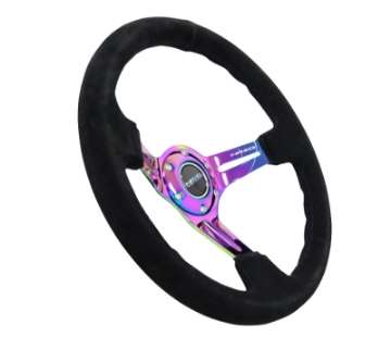 Picture of NRG Reinforced Steering Wheel 350mm - 3in- Deep Blk Suede-Blk Stitch w-Neochrome Slits