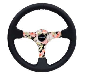 Picture of NRG Reinforced Steering Wheel 350mm - 3in- Deep Blk Leather Floral Dipped w- Blk Baseball Stitch