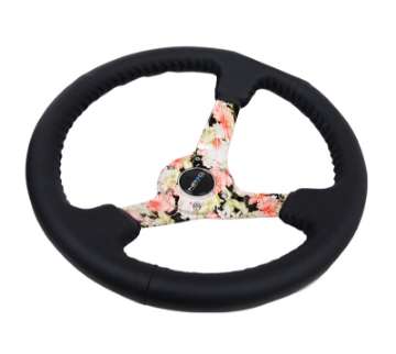 Picture of NRG Reinforced Steering Wheel 350mm - 3in- Deep Blk Leather Floral Dipped w- Blk Baseball Stitch