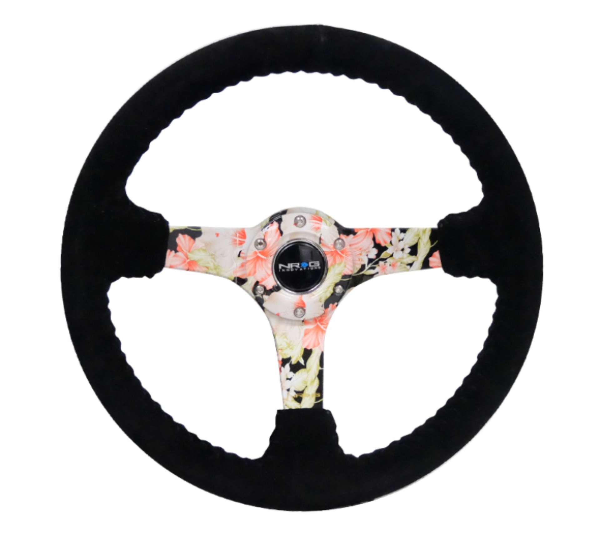 Picture of NRG Reinforced Steering Wheel 350mm - 3in- Deep Blk Suede Floral Dipped w- Blk Baseball Stitch